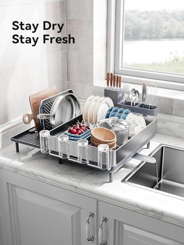 SUNLY Large Dish Drying Rack, Expandable Dish Racks for Kitchen Counter, Space Saving 304 Stainless Steel Drying Rack Kitchen, Extra Large Drainer with Multifunctional Flip Up Pegs, Gray 8