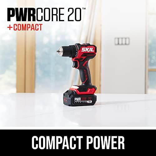 SKIL PWR CORE 20 Brushless 20V 1/2" Compact Variable-Speed Drill Driver Kit with 1/2'' Single-Sleeve, Keyless Ratcheting Chuck & LED Worklight Including 2.0Ah Battery and PWR Jump Charger-DL6293B-10 2
