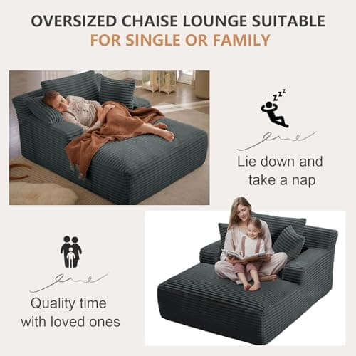 HANLIVES 49.2" Oversized Chaise Lounge Chair, Comfy Corduroy Fabric Single Sofa Chair, Upholstered Reading Lounge Chair with Pillows for Living Room or Bedroom, Frameless Design, Dark Grey 5