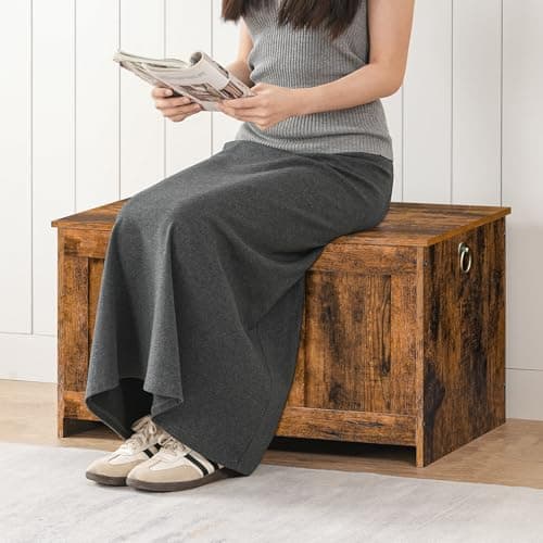 HOOBRO Storage Bench, 29.5" Retro Wooden Storage Chest, Wooden Storage Trunk, Toy Chest with Lift Top, Multifunctional Entryway Organizer, for Entryway, Living Room, Rustic Brown FG751CW01 9