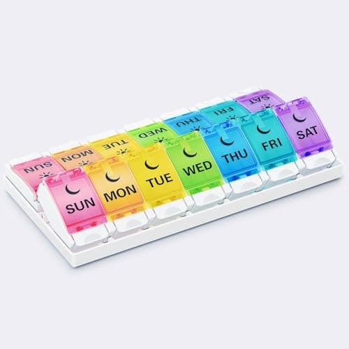 BUG HULL Weekly Pill Organizer 2 Times a Day Arthritis Friendly, AM PM Pill Organizer 7 Day with Easy Push Design, Daily Pill Organizer for Medicine, Pill Box 7 Day for Vitamin, Supplements 8