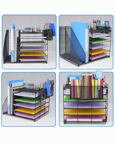 File Organizer for Desk, 6 Tier Desk Organizer Paper Tray with File Holder Pen Holder, Mesh Office Desk Accessories & Workspace Organizers (Black) 7