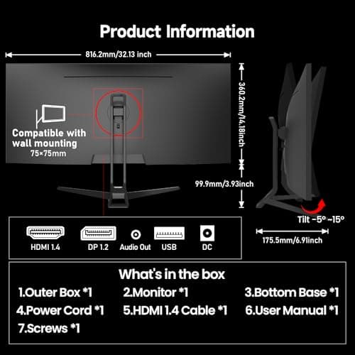 Gawfolk Gaming Monitor 34 inch IPS 120Hz, Ultrawide PC Screen 2560×1080P Ultra-Thin Zero Frame Computer Display for Home Office Business, DP, HDMI, Wall-Mounted, Black 6