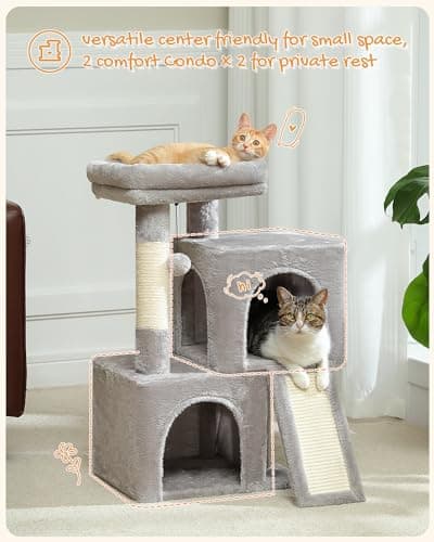PAWZ Road Cat Tree, 30 Inches Cat Tower with Dual Condos for Indoor Cats, Plush Cat House with Padded Perch, Scratching Ramp and Posts and Replaceable Balls-Gray 5