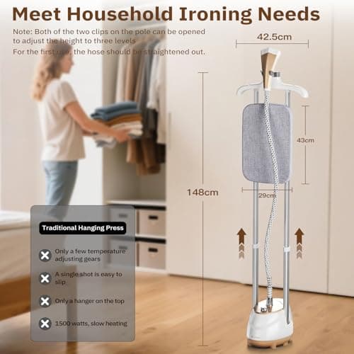 HAPAIS Steamer for Clothes,1800W Standing Garment Steamer 30s Heat-up with Adjustable Stable Double Rod,2-in-1 Flat & Hanging Ironing,Clothes Steamer with 10 Fabric Steam Modes 6