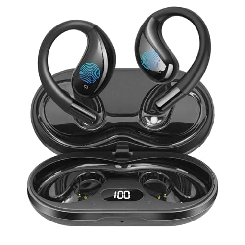 Open Ear Clip Wireless Earbuds Bone Conduction Headphones, Bluetooth 5.4, Open Ear Design, Built-in Mic, IPX5 Waterproof, LED Display Charging Case,Ear Hooks Ear Buds,Design for Running Fitness Black