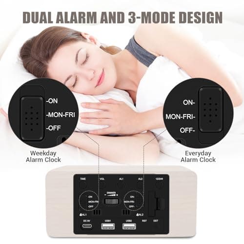 URAYCO Wooden Digital Alarm Clock, 10W Fast Wireless Charger Station & 2 USB Charging Ports, with 0~99% Dimmer, Dual Alarm, Weekday/Weekend Mode, Wood LED Clock for Bedroom, Desk, Office 6