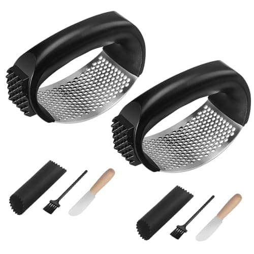 Ywmoml 2 Pack Garlic Press Rocker Set – Innovative Stainless Steel Garlic Mincer & Crusher with 2 Peelers, 2 Scrapers, and 2 Brushes for Effortless Garlic Prep | Complete Garlic Tool Kit (BLACK)