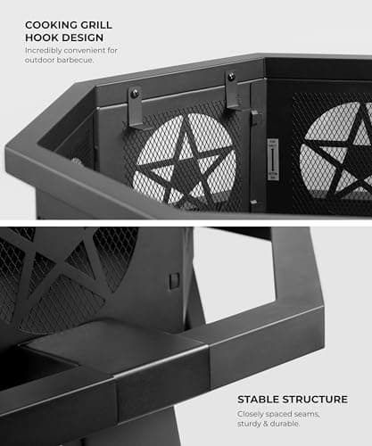 SUNOUTLY 35 inch Fire Pit, Outdoor Fire Pit Wood Burning Fire Pits with Cooking Grill, Large Firepits for Outside Octagonal Heavy Duty Firepit with Poker for Bonfire, Backyard, Patio, Picnic, Camping 6