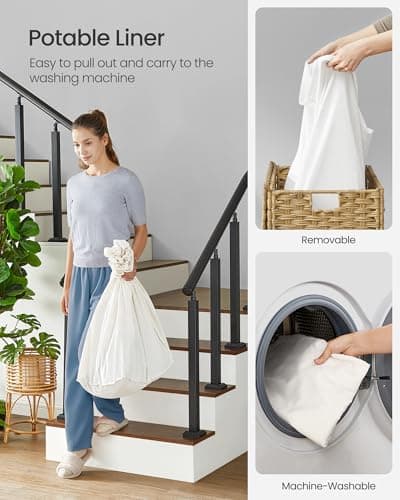 SONGMICS Laundry Hamper with Lid, 42.3 Gallons (160 L), Rolling Laundry Basket with Wheels, 3-Section Synthetic Rattan, Removable Liner, Bedroom, 29.9 x 13 x 26 Inches, Natural ULCB365N01 6