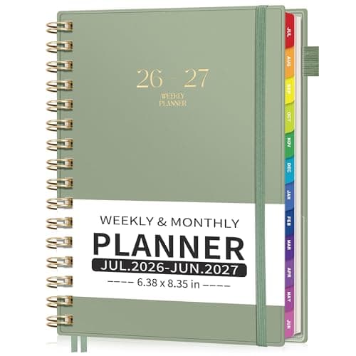 EMSHOI Academic Planner 2026-2027, Weekly and Monthly Calendar (July 2026 - June 2027), School Student Teacher Agenda Book, 100GSM Paper, PVC Cover, Colorful Tabs, A5 (6.38" x 8.35"), Light Green