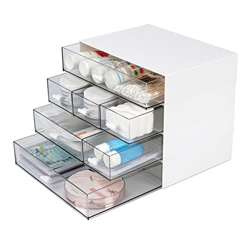 OSteed Desk Craft Organizer and Storage with 7 Flat Drawers, Stackable Plastic Desktop Accessories & Workspace Organizer for Office Stationary, Makeup Skincare, Sanitation Supplies, White