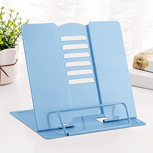 MSDADA Desk Book Stand Metal Reading Rest Book Holder Adjustable Cookbook Documents Holder Bookstands for Recipes Textbook Music Books, the First Day of School Gift for Students, Teachers (Light Blue)