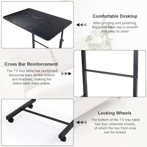 DEBECTY Tv Tray Table Adjustable Tv Tray Portable Couch Table Portable on Wheels Adjustable Height Desk C-Shape Dinner Tray Tables for Home, Office (Black) 5