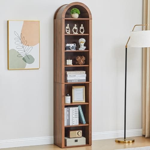 Tall Narrow Arched Bookshelf, 8-Tier Skinny Arch Bookcase for Small Space, Freestanding Storage Organizer with Adjustable Shelves, Open Display Shelves for Living Room, Entryway (Walnut)