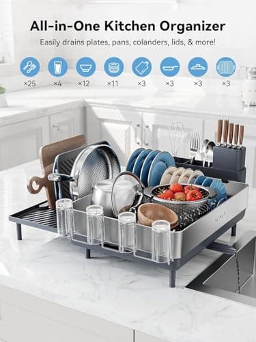 SUNLY Large Dish Drying Rack, Expandable Dish Racks for Kitchen Counter, Space Saving 304 Stainless Steel Drying Rack Kitchen, Extra Large Drainer with Multifunctional Flip Up Pegs, Gray 7