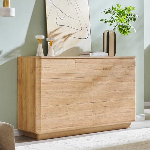 ACCOHOHO Modern 7 Drawer Dresser for Bedroom, 52" Wide Handleless Chest of Drawers, Push-to-Open Large Wood Storage, Dresser TV Stand for Bedroom, Living Room, Hallway, Curved Profile, Natural Oak