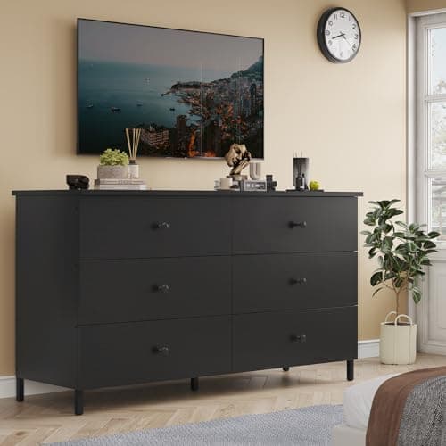 Hasuit 6 Drawers Double Dresser, Wooden Dressers with Heavy Sturdy Steel Frame, Large Capacity Storage Chest of Drawers, Black Dresser for Bedroom, Living Room, Entryway