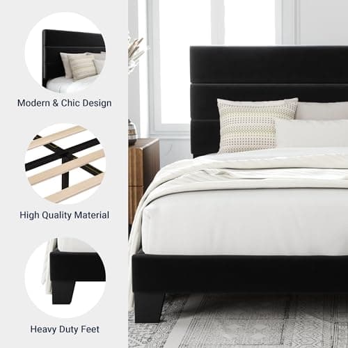 Allewie King Size Platform Bed Frame with Velvet Upholstered Headboard and Wooden Slats Support, Fully Upholstered Mattress Foundation/No Box Spring Needed/Easy Assembly, Black 6