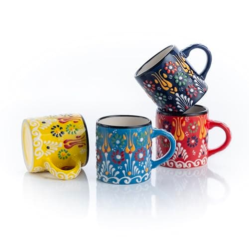 Ceramic Espresso Cups, 5 Oz Espresso Cups Set of 4, Handmade Espresso Cup, 2.75 Inch Espresso Mugs, Multicolor Demitasse Cups, Microwave & Dishwasher Safe Espresso Mugs, Coffe Mug (SULTAN'S GARDEN)
