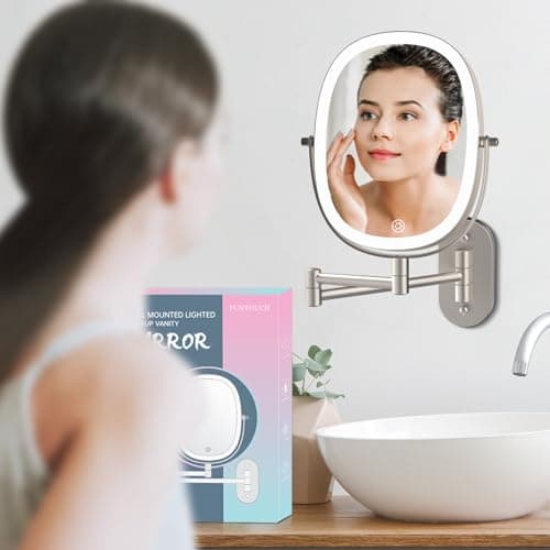 FUNTOUCH Wall Mounted Makeup Mirror,Rechargeable 7X/1X Double Sided Touch Switch Rectangle Oval Wall Mounted Magnifying Mirror with Light, 3 Color Setting,Extended Arm 360°Foldable, Nickel 9