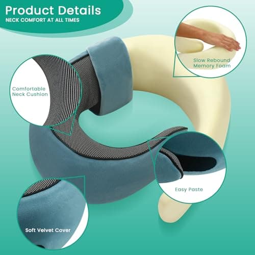 Badink®Memory Foam Neck Travel Pillow, Neck Pillow Airplane with MagicStrap – Adjustable Ergonomic Travel Pillow for Office/Airplane/Car, Washable Cover, Portable Travel Essentials (Peacock Blue) 8