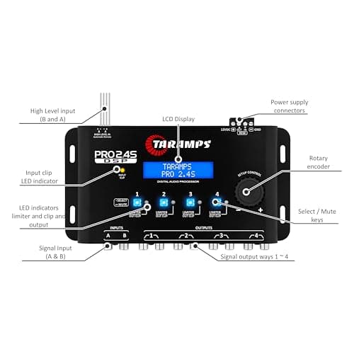 Taramp's Pro 2.4S DSP Crossover full Digital Signal Processor and Equalizer with sequencer 15-band Graphic Equalization 12 preset EQ 2-Channel in and 4-Channel Out 9