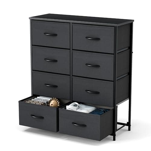 Sweetcrispy Dresser for Bedroom with 8 Storage Drawers, Tall Large Fabric Storage Tower Organizer, Chest of Drawers with Metal Frame Wooden Top for Closet, Living Room, Entryway, Black