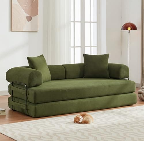 SmartDer Convertible Folding Sofa Bed, Modular Floor Sofa with Removable Backrest, 3-Seater Fold Out Couch Bed with Pillows, King Size Futon Lazy Couch Corduroy Sleeper for Living Room, Dorm, Green
