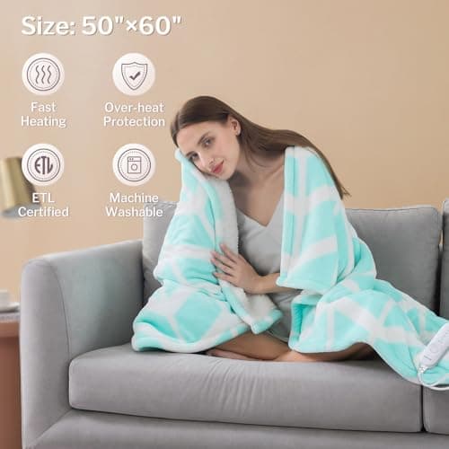VENTIMI Electric Blanket Heated Throw, 50" x 60" Heated Blanket with 5 Heat Levels & 3 Hours Auto Off, Fast Heating Blankets with ETL & FCC Certification, Green 5