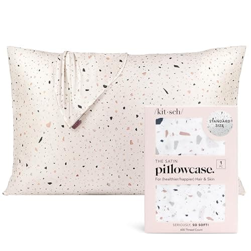 Kitsch Satin Pillowcase with Zipper for Hair & Skin - Softer Than Silk Pillow Cases, Smooth Cooling Satin Pillow Case, Wrinkle-Free, Machine Washable, Pillow Cases Standard Size 19x26,White Terrazzo