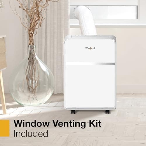 Whirlpool 8,000 BTU Portable Air Conditioner with Dehumidifier for Apartment, Bedroom, Small Rooms up to 200 Sq. Ft., 115V, with 3 Speeds, 24H Timer, and Remote Control, White 8