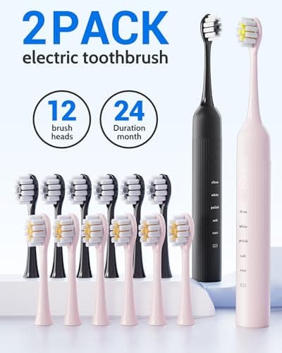CindyLary 2 Pack Electric Toothbrush Set, Comes with 12 Brush Heads & 2 Electric Toothbrush,5 Modes with 2 Minutes Built in Smart Timer, One Charge for 60 Days, 38000 VPM Motor,Black and Pink. 7