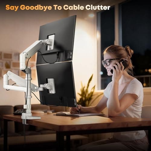 PUTORSEN 17-49”Premium Aluminum Heavy Duty Dual Monitor Arm for Ultrawide Screens up to 44lbs, Vertical Stacked Dual Monitor Desk Mount, Full Motion Dual Vertical Monitor Mount, VESA 75/100, White 8