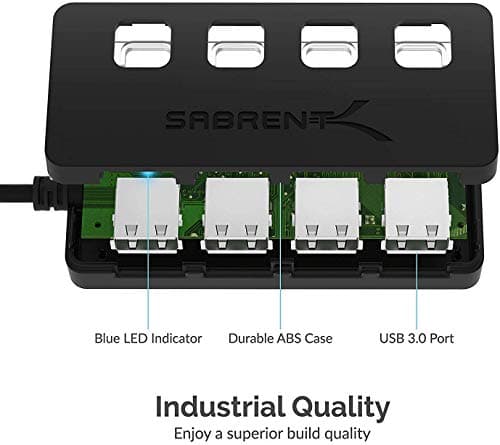 SABRENT 4 Port USB 3.0 Hub with Individual LED Lit Power Switches, Includes 5V/2.5A Power Adapter (HB-UMP3) 7