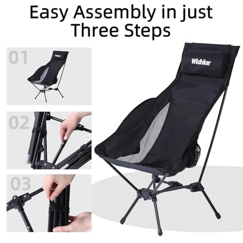 Wildhiker Portable Compact Folding Camping Chairs – Lightweight High Back with Pillow, Deep Recline, ArmPads, Side Pockets-for Motorcycle, RV, Backpacking, Travel, Festival – Black 7