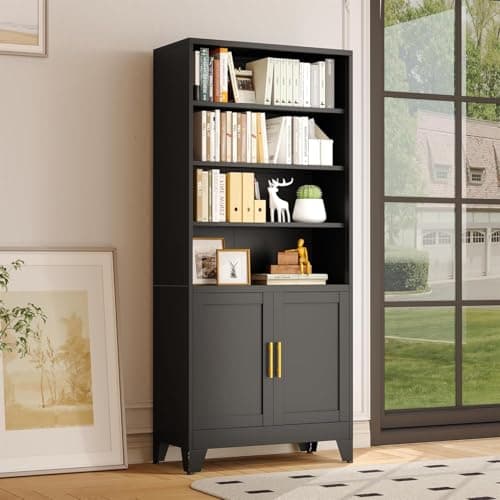 erosoei 71" H Tall Metal Bookcases and Bookshelves with 2 Doors and Adjustable Shelves,Tall Storage Cabinet Industrial Bookshelf 6-Tier Open Display Shelf,Decor Furniture for Living Room, Bedroom