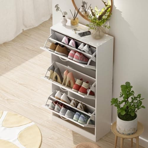 FUFU&GAGA Shoe Cabinet with 3 Flip Drawers for Entryway, Modern Shoe Storage Cabinet, Freestanding Shoe Rack Storage Organizer (22.4”W x 9.3”D x 41.7”H)(White)