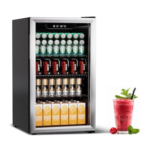 Erivess Compact Beverage Refrigerator,110 Can/3.1 Cubic Feet Fridge with Glass Door for Soda, Beer Under Counter Small Refrigerator with Adjustable Shelve & LED Display(Silver)