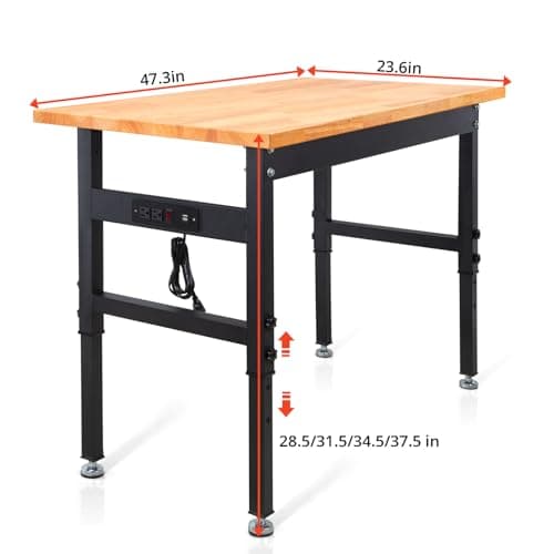 HONRISE Work Bench, Height Adjustable Workbench Heavy Duty Oak Wood Desktop Work Table with Power Socket for Garage, Workshop, Office and Home(47.3 x 23.6 in) 5