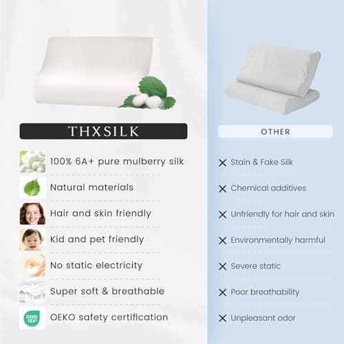 THXSILK 19 Momme 100% Mulberry Silk Pillowcase for Contour Memory Foam Pillow, Contour Pillow Case Cover, Cervical Pillow Case, Pack of 1(Natural White, 20"x12"x3.9"/2.7") 5