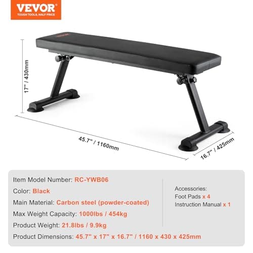 VEVOR Flat Weight Bench, Foldable Strength Training Bench, Utility Workout Bench for Full Body Workout, 1000 LBS Press Bench for Home Gym Exercise, for Multi-Purpose Weight Training and Ab Exercises 7