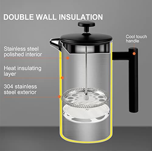 Secura French Press Coffee Maker, 304 Grade Stainless Steel Insulated Coffee Press with 2 Extra Screens, 34oz (1 Litre), Black 5