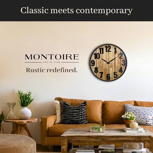Montoire 24 Inch Wooden Farmhouse Wall Clock Large, Extra Large for Living Room Decor - Big Oversized Rustic Round Decorative Clocks for Walls, Battery Operated 8