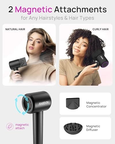 Hair Dryer, High-Speed Ionic Low Noise Blow Dryer with Brushless Motor for Fast Drying, Thermo-Control Quiet Compact Hair Blow Dryer with Magnetic Diffuser for Curly Hair for Home Travel Salon 5