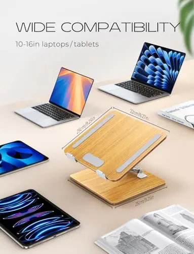 Niweya Wood + Aluminum Laptop Stand, Adjustable Height Ergonomic Laptop Riser Holder Mount, Portable Computer Notebook Stand for Desk, Compatible with MacBook Pro/Air, HP, Dell 10-16" (Walnut Grain) 7