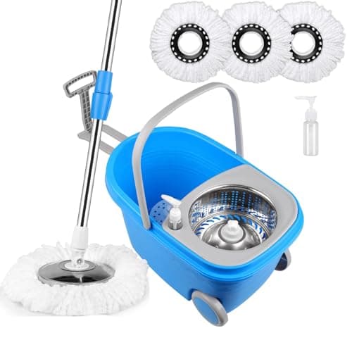 Spin Mop and Bucket with Wringer Set, 3 Washable Microfiber Pads Included for Floor Cleaning, Adjustable Stainless Steel Handle, Easy Moving with Wheels, Blue
