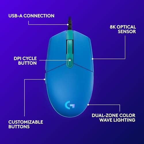 Logitech G203 Wired Gaming Mouse, 8,000 DPI, Rainbow Optical Effect LIGHTSYNC RGB, 6 Programmable Buttons, On-Board Memory, Screen Mapping, PC/Mac Computer and Laptop Compatible - Blue 6