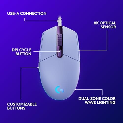 Logitech G203 Wired Gaming Mouse, 8,000 DPI, Rainbow Optical Effect LIGHTSYNC RGB, 6 Programmable Buttons, On-Board Memory, Screen Mapping, PC/Mac Computer and Laptop Compatible - Lilac 6
