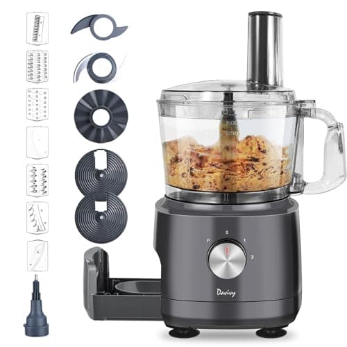 Davivy Food Processor 7 Cup,Built-in Storage Drawer Small Food Processor with 10 set blades,French fry cutting,Wavy slicing for Home Use,3-Speed, Grey,600W